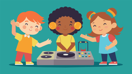 During free play children take turns pretending to be a DJ using plastic records and a toy record player to mix and scratch imaginary songs. Vector illustration