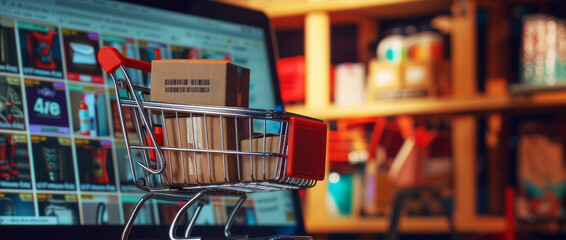 Online shopping concept,shopping cart full of boxes above laptop computer	