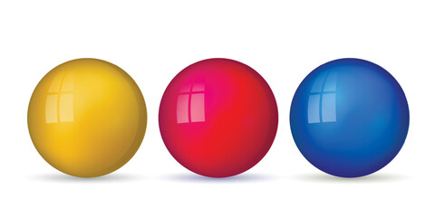 Set with glass colorful balls. Glossy realistic ball, 3D abstract vector illustration highlighted on a white background. Big metal bubble with shadow