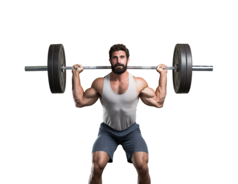A muscular man is squatting with a heavy barbell lifted, isolated on a transparent background. Generative AI