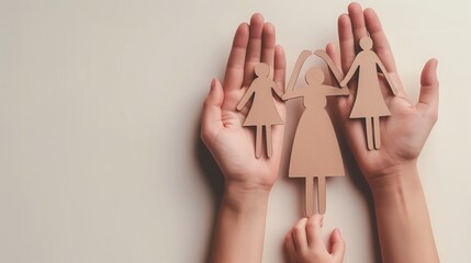 The idea of family care. silhouetted hands made of paper on a light gray background