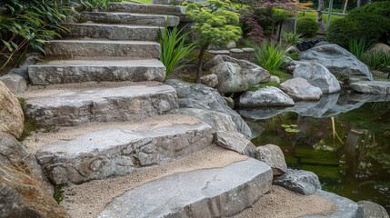 Peaceful stone steps in a Zen garden guide visitors past water and rockscapes.