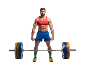 A muscular man is squatting with a heavy barbell lifted, isolated on a transparent background. Generative AI