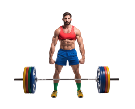 A muscular man is squatting with a heavy barbell lifted, isolated on a transparent background. Generative AI