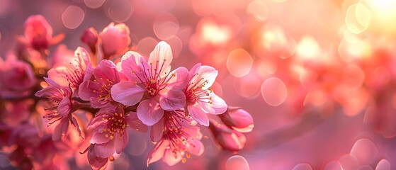 A close-up photo of a pink cherry blossom branch, with delicate petals and soft sunlight filtering through