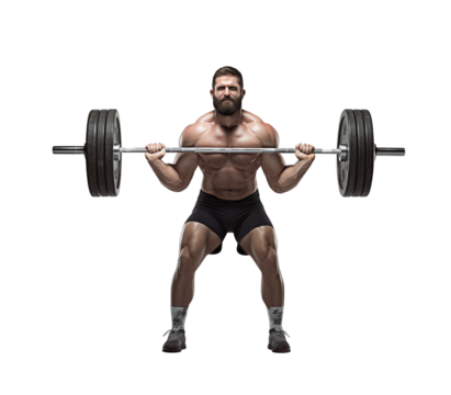 A muscular man is squatting with a heavy barbell lifted, isolated on a transparent background. Generative AI