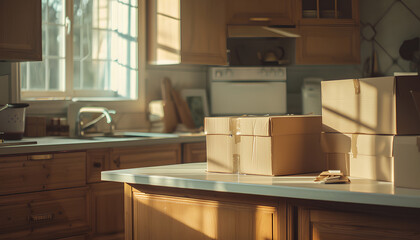 Counters with cardboard boxes in kitchen on moving day
