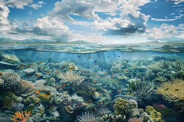 An image of a vibrant coral reef transitioning into a barren underwater landscape, highlighting the need for ocean preservation