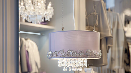 Delicate crystal and lavender pendant light casts a soft glow in a boutique.