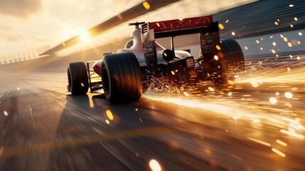 Racing car moving at high speed along racetrack with high speed and smoke. Racing car, propelled by...