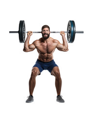 A muscular man is squatting with a heavy barbell lifted, isolated on a transparent background. Generative AI