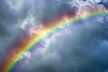 A vibrant rainbow against a gray, rainy sky.
