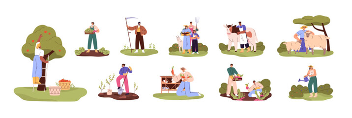 Farmers work set. Agriculture workers care about domestic animals: cow, sheep, rabbits. People gather garden crop, harvest of vegetables, fruit. Flat isolated vector illustrations on white background