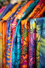 Vibrant Handpainted Silk Scarves Artfully Displayed on Clothing Rack in Colorful Marketplace