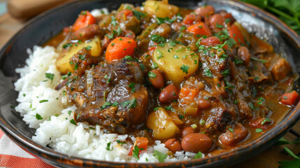 Traditional jamaican curry goat stew served with white rice and beans, garnished with fresh herbs on a rustic table