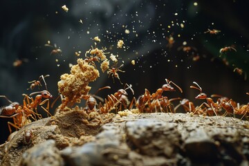 An image of a tiny ant colony transporting various crumbs to their anthill