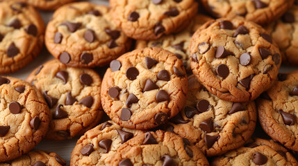 Chocolate chip cookies closeup background. 