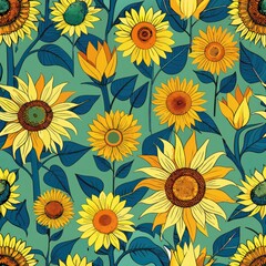 Seamless pattern of vibrant sunflowers blooming in a sunny field, Generative AI