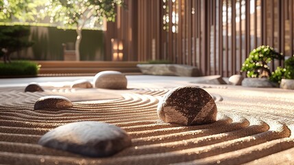 An image of a tranquil spa setting with a Zen garden, including smooth stones and raked sand