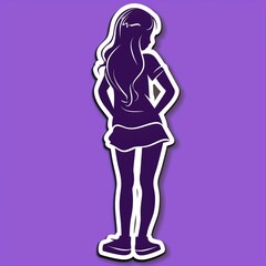 a teenage girl illustration style sticker with white outline on purple background without any shadow or gradient.