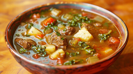 Hearty jamaican beef soup with diced potatoes, carrots, and abundant greens, served in a rustic bowl on a wooden table
