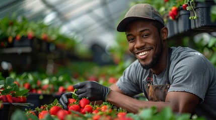 A young African-American farmer is harvesting strawberries in a greenhouse