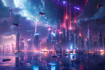 Fototapeta na wymiar Futuristic Metropolis under Celestial Bodies: A Glimpse of Advanced Civilization