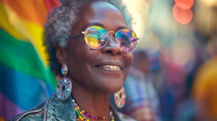 A photo of a smiling elderly woman wearing sunglasses and a rainbow flag in the background. She is attending a pride parade and is happy to be there.