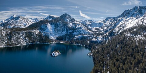 Emerald Bay Vista, snowy mountains, forest and Fannette Island on Lake Tahone., South Lake Tahoe, California, United States of America.