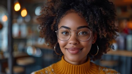 Obraz premium Happy young woman smiling wearing glasses and a yellow sweater.