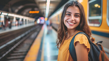 A smiling woman wearing a yellow shirt and backpack stands in front of a train station