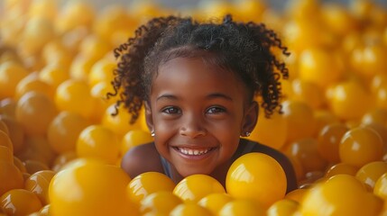 Happy candid african american girl laughing in a yellow ball pit