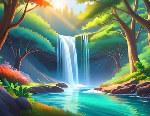 Anime Waterfall Dreamscape: A Watercolor Painting Come to Life