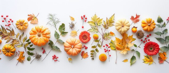 Autumn arrangement featuring dried leaves, pumpkins, flowers, and rowan berries displayed on a white background. Represents the essence of autumn, fall, Halloween, and Thanksgiving.
