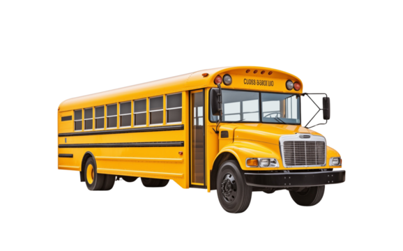 Classic yellow school bus isolated on transparent background. Generative AI