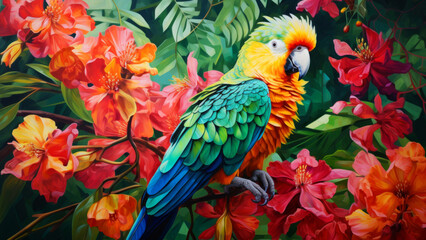 Fototapeta premium Vibrant parrot with colorful feathers sitting on a tree branch in the tropical forest