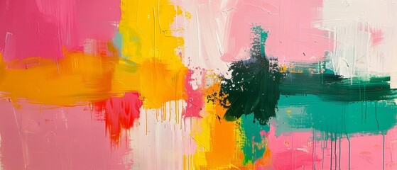 An abstract painting using a combination of pink, yellow, and green, creating a vibrant and energetic composition