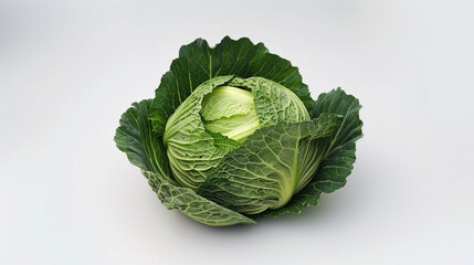 Cabbage with cabbage leaves in the center of the composition on a white background