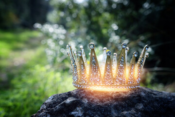 Fototapeta premium mysterious and magical photo of gold king crown in the woods. Medieval period concept.