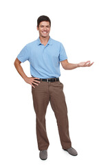 Fototapeta premium Happy, businessman and hands for choice, option and advertising in studio. Male person and real estate agent smile with open palm for promotion, mockup space or announcement for feedback in portrait