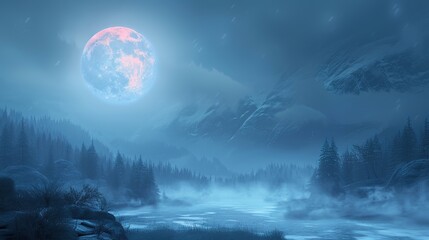 Full moon casting an eerie glow over a misty landscape