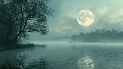 Full moon casting an eerie glow over a misty landscape
