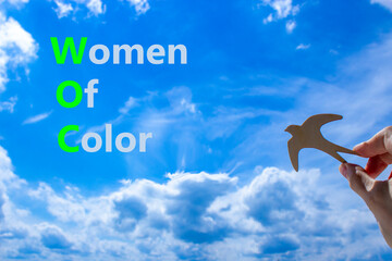 WOC women of color symbol. Concept words WOC women of color on beautiful blue sky clouds background. Wooden bird. Businessman hand. Business WOC women of color social issues concept. Copy space. - obrazy, fototapety, plakaty