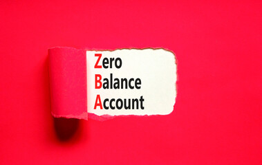 ZBA zero balance account symbol. Concept words ZBA zero balance account on beautiful white paper. Beautiful red paper background. Business ZBA zero balance account concept. Copy space.