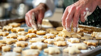 Baker preparing Christmas cookies on a baking tray. Close-up hands shaping dough into festive shapes