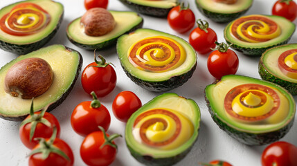 Halved avocados, cherry tomatoes spiral on a white display.
