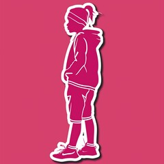 A young athlete illustration style sticker with white outline on a solid magenta background without any shadow or gradient.