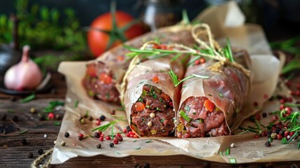 Raw beef rolls stuffed with vegetables and herbs on parchment paper.