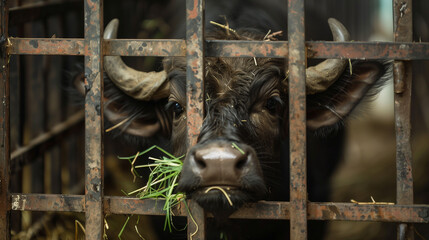 Farming Water buffalo or domestic Asian Buffalo eating hey grass in cage.