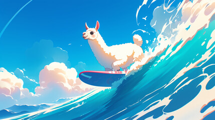 Fototapeta premium A white llama surfing on a wave at the ocean